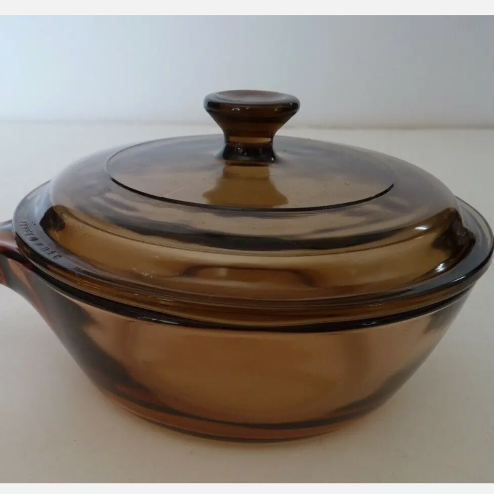 Vintage Corning Vision Ware Amber Glass .5 L Sauce Pan  w/Lid USA
